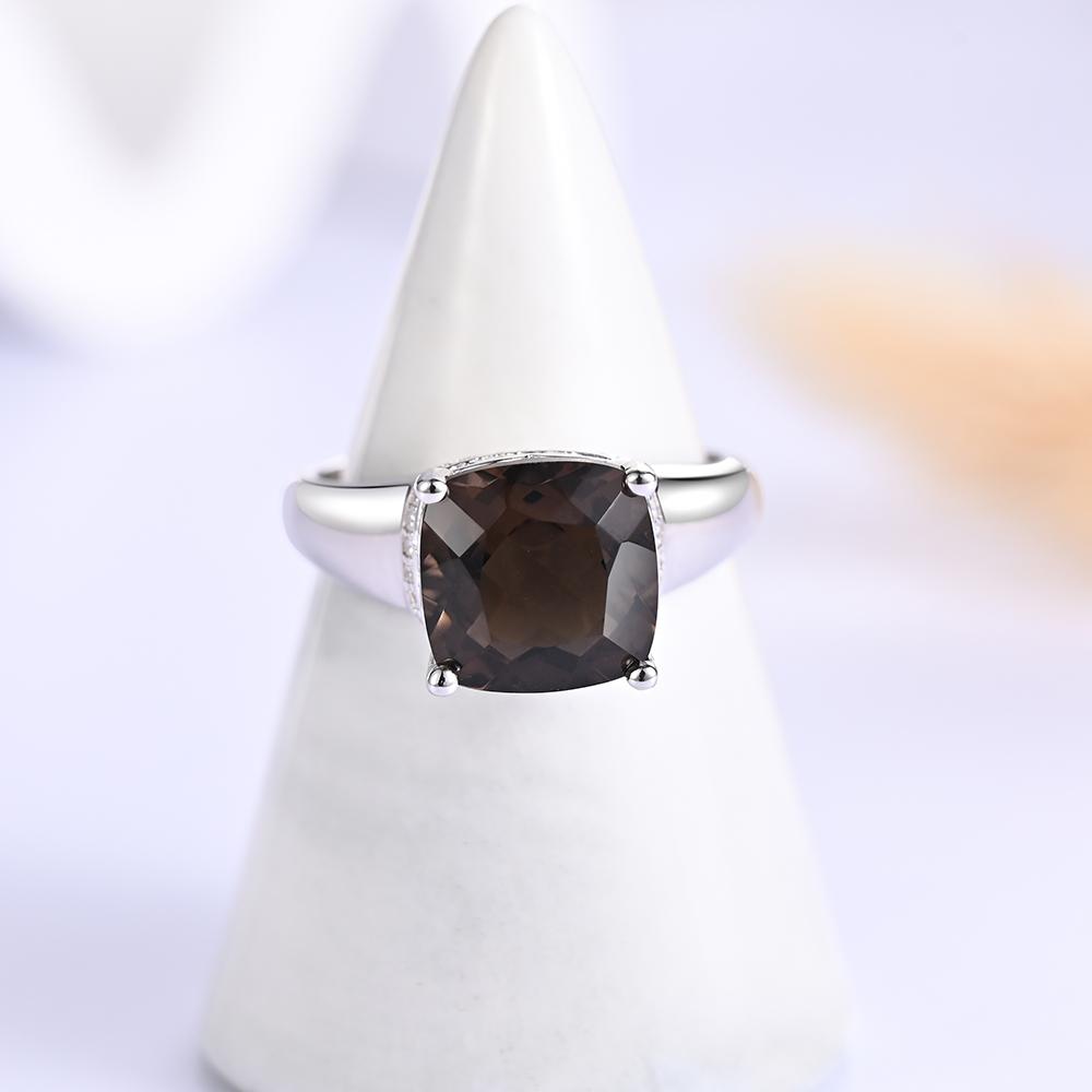 Simple Design Ring with Natural Smoky Quartz Cushion 10mm 925 Sterling Silver Fine Jewelry Women Nice Gift