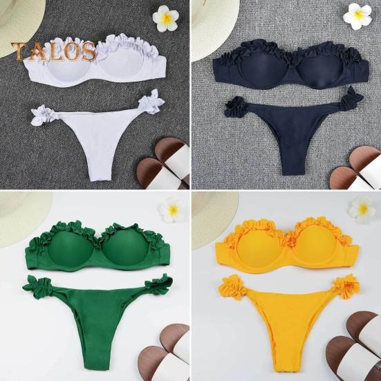 2 pièces/ensemble femmes été Bikini ensemble Bandeau à volants garniture soutien-gorge mi-hauteur slips ensemble Push Up maillot de bain fendu conception maillot de bain