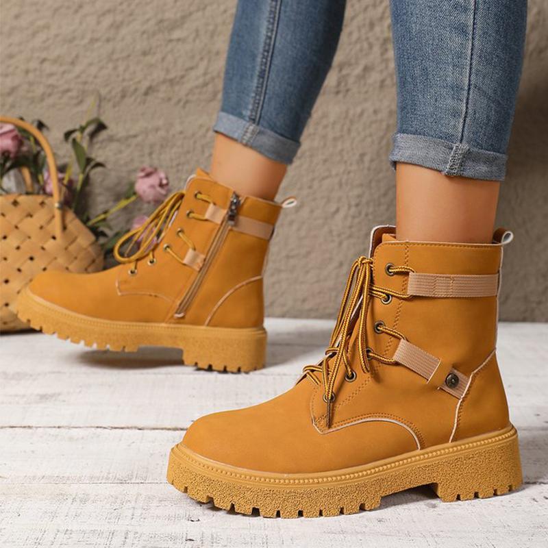 

Fashion British Style Yellow Platform Boots for Women Zipper Up Ankle Boots Woman Ankle Boots Woman Punk Round Toe Lace Up Botas Lady 35 жёлтый