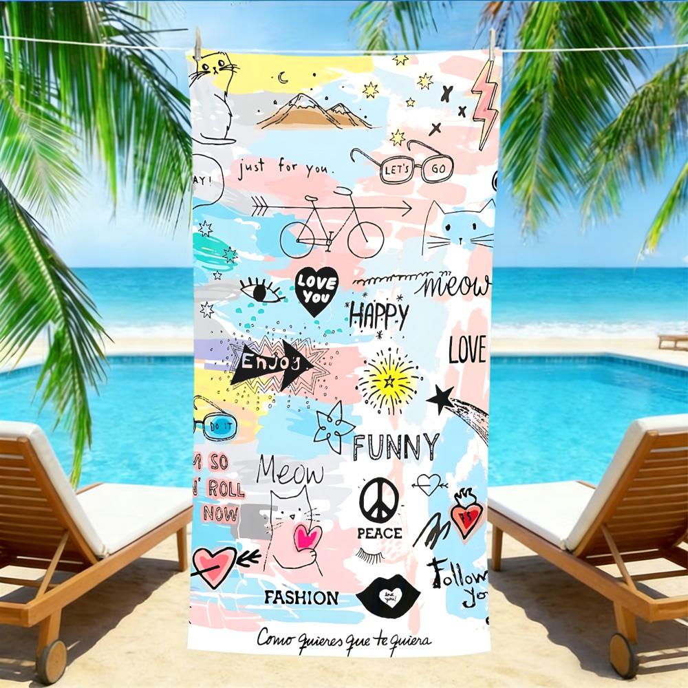 

Doodle Art Love Beach Towel – Oversized Quick Dry Sand Free with Happy & Peace Sign Print W40*H60(CM)
