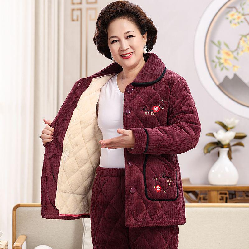 Women's Super Thick Three-Layer Velvet Pajamas - Winter Coral Fleece Quilted Homewear for Adults