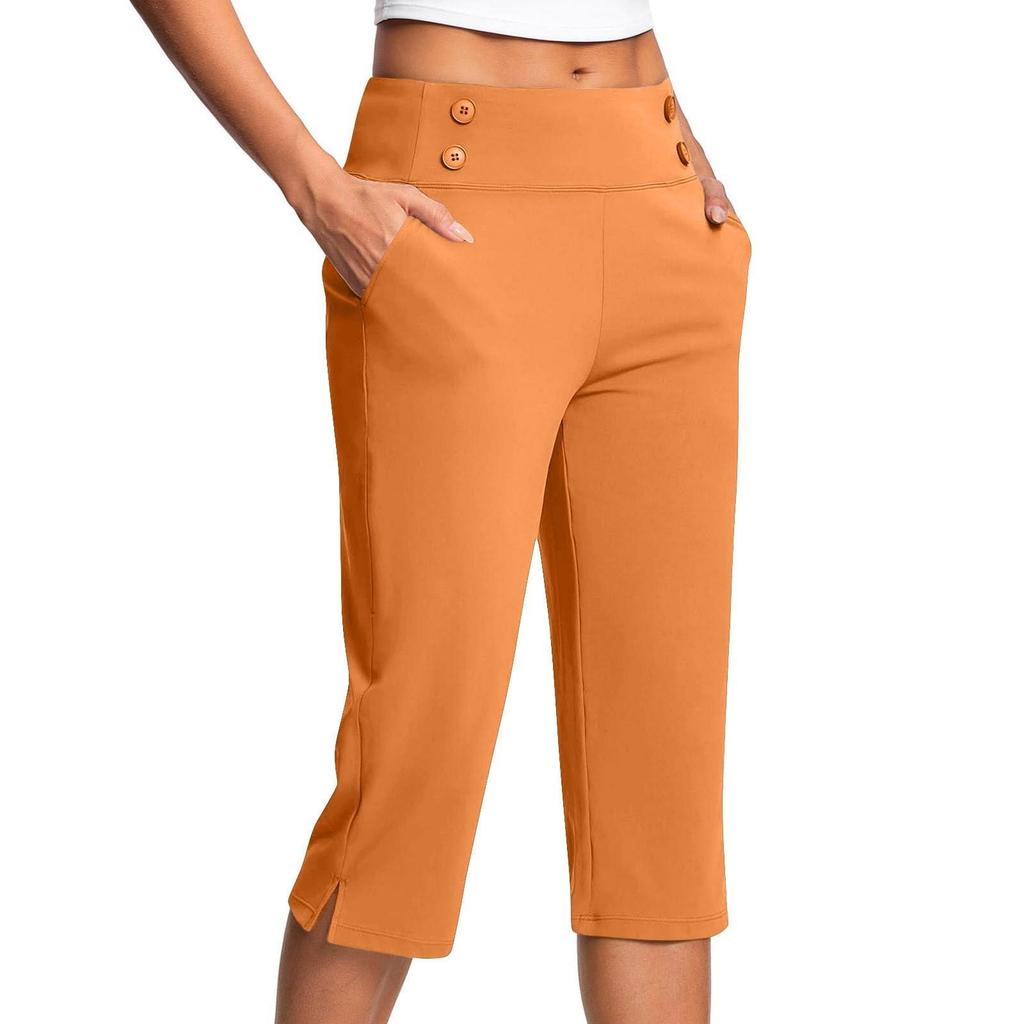 Pantalon court décontracté taille haute pour femme, couleur unie, avec poches boutonnées et ourlets fendus, idéal pour le sport et le yoga