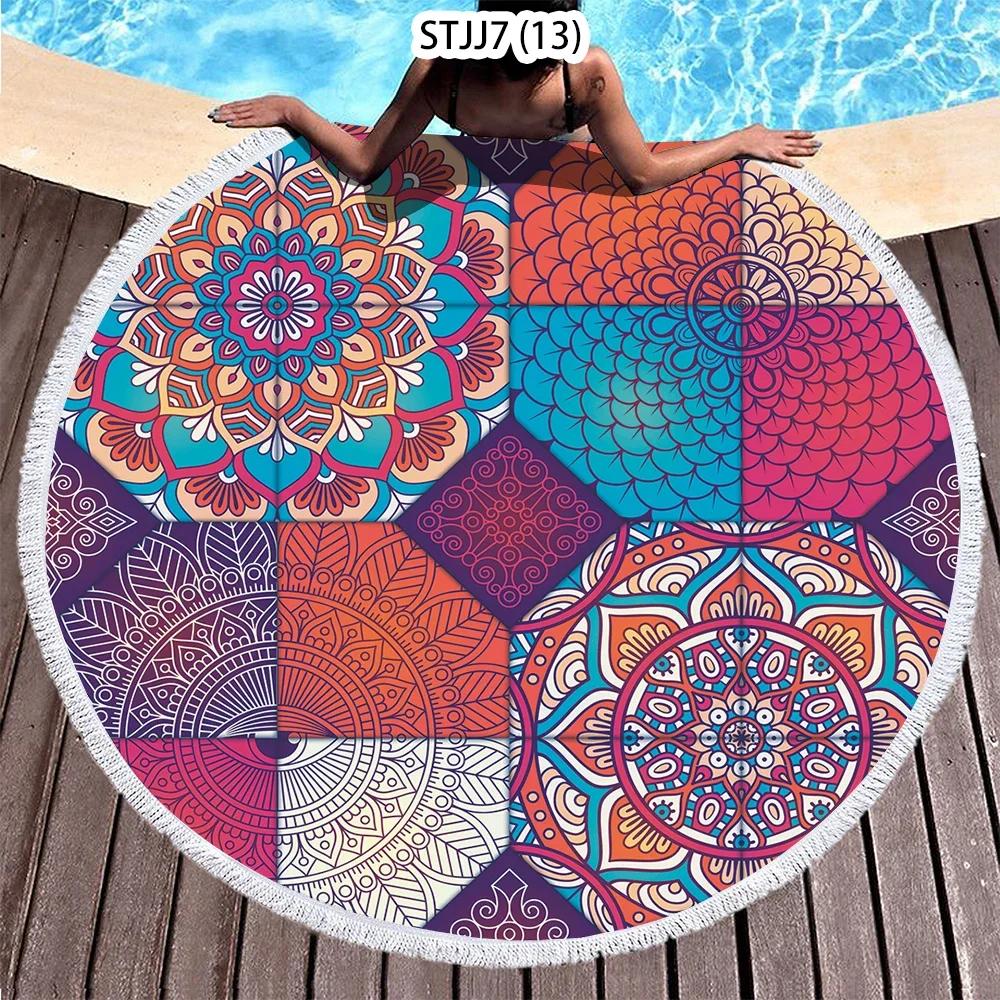Ethnic Plaid Beach Creative Swimming Towel Microfiber Round Beach Towel Mandala Stripes Adult Large Round Bath Towel