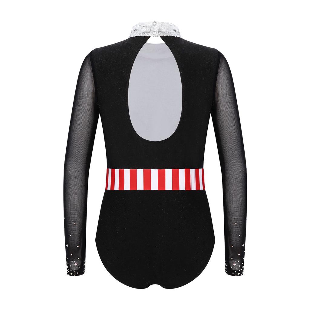 Kids Themed Party Halloween Costume Mock Neck Long Sleeve Bowknot Sequin Mesh Patchwork Bodysuit with Hair Hoop Faux Tail for Cosplay Stage