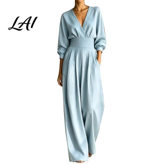 Stretchy Jumpsuit for Women Women's Long Sleeve Jumpsuit Deep V Neck Loose Wide Leg All Day Comfort Rompers High Waist Summer Casual One Piece