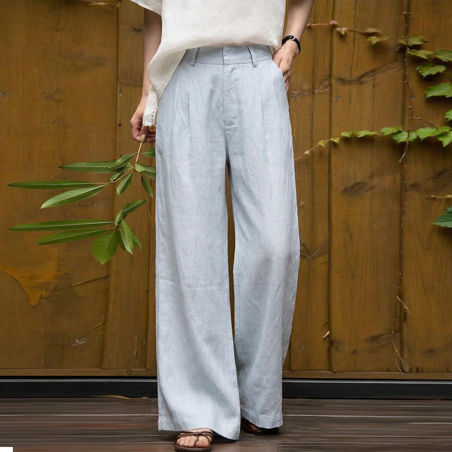 

Women s Elegant Linen Wide-Leg Pants - Slimming Drape, Loose Fit for Spring/Summer 2026 Large серый/синий