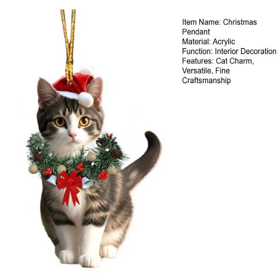 Christmas Pendant 2D Acrylic Cat Wearing Xmas Wreath Charm Car Hanging Ornament Home Office
