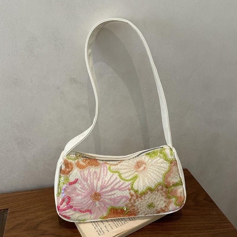Yogodlns Boho Floral Sequin Shoulder Bag, Women's Vintage Embroidered Hobo Purse Casual Armpit Handbag for Daily Use