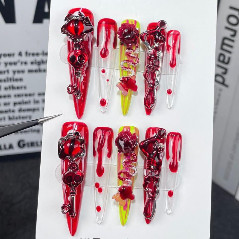 Gothic DarkRose Press-On Nails LongShape False Women Floral Butterfly 3D Relief Design Small