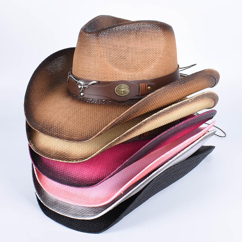 Pink Straw Sun Hat Women  Outdoor Western Cowboy Hats Black Vintage Summer Beach Panama Cowgirl Hat Jazz Cap Sombrero Hombre