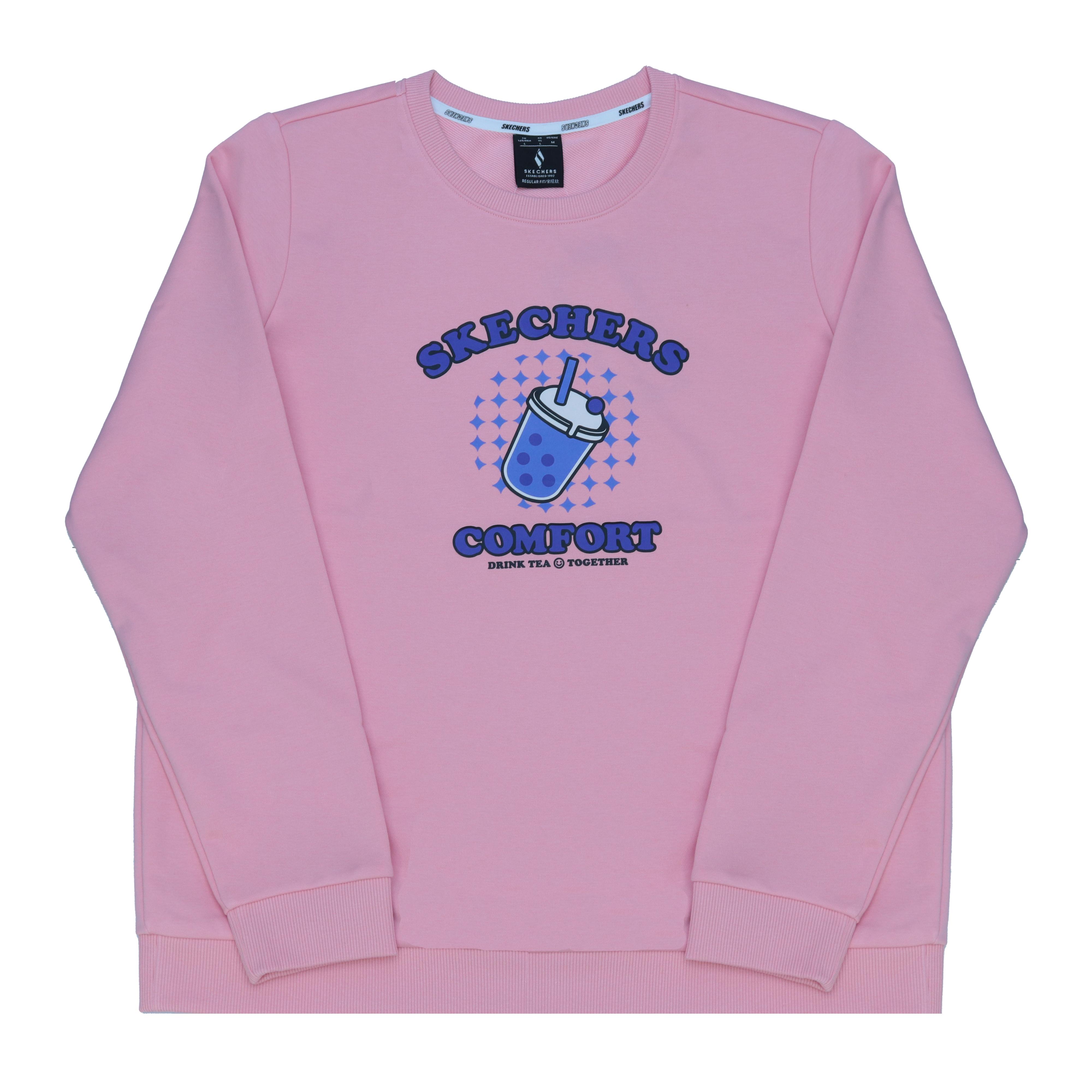 Skechers Korean Style Retro Trendy Cute Dopamine Letter Logo Print Casual Comfortable Round Neck Sweatshirt Women tops Quartz-Pink RF-L424W007-00K7 M