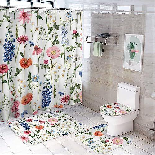 Flower Watercolor Field Flower Shower Curtain With 4 Pieces Absorbent Bathroom Mat Bathroom Curtain With Soft Bath Wheel U-Shaped Mat