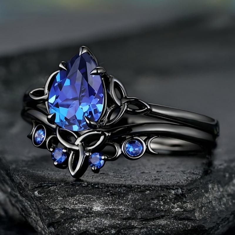 Huitan Unique Black Plated Female Rings with Pear Blue Cubic Zirconia Temperament Elegant Lady Rings for Party Vintage Jewelry