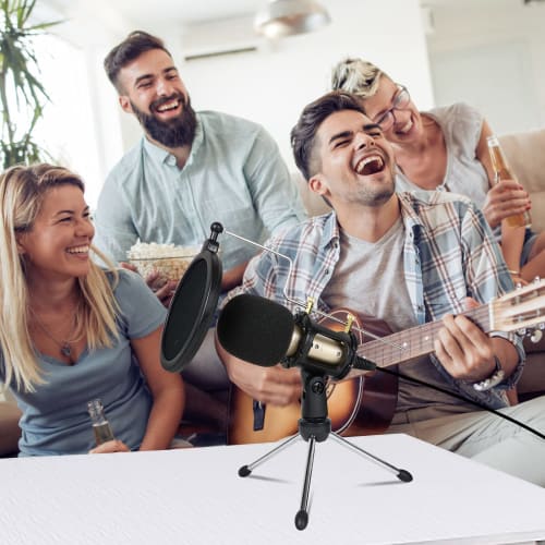 MSIZOY Smartphone Microphone, 3.5mm Condenser Microphone, Plug and Play, with Tripod Stand and Pop Filter, Tabletop Microphone, Compatible with Window