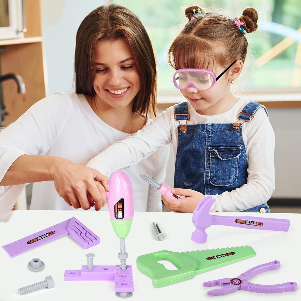 Kids Tool Set with Toy Drill and Tool Box, Pretend Play Construction Tools Toy Gifts for Toddlers Girls Kids Aged 3 4 5 6 7