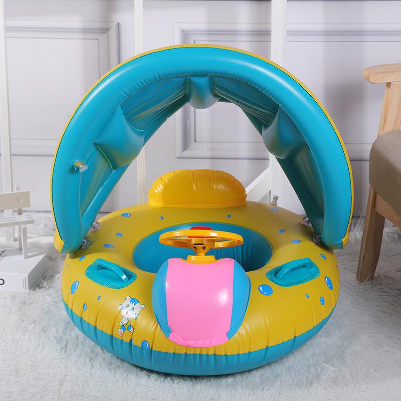 Baby Swim Ring with Sunshade, Toddler Inflatable Boat Float with Steering Wheel