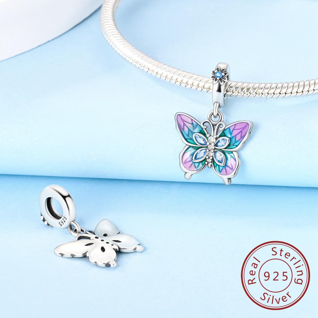 Copper Colorful Blue Purple Butterfly Charms Beads Jewellery Fit Original Bracelet For Women Diy Gifts