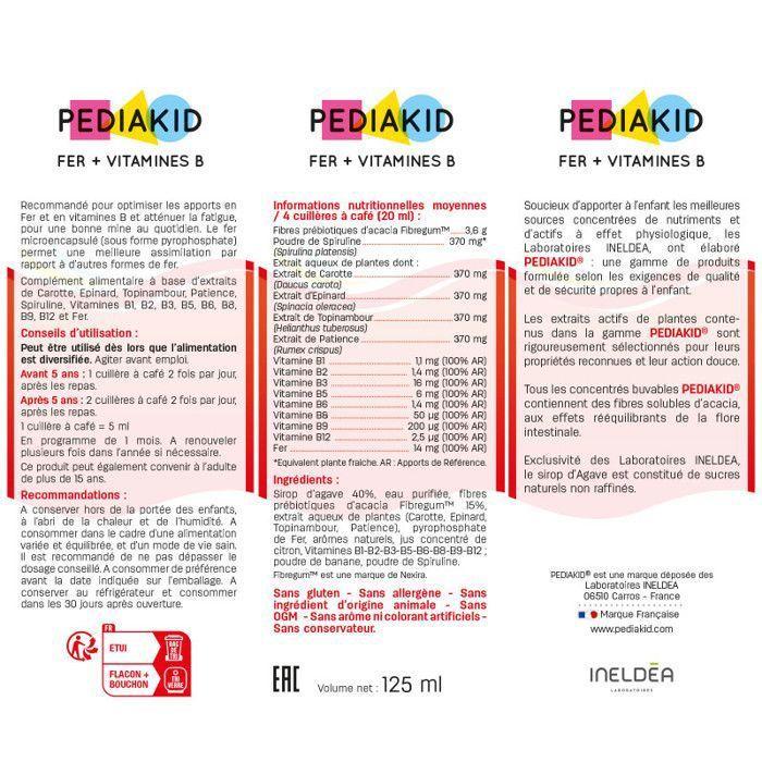 PEDIAKID - Fer + Vitamines B - Formule Exclusive au Sirop d'Agave - Optimise les Apports en Fer - Goût Banane -125 ml