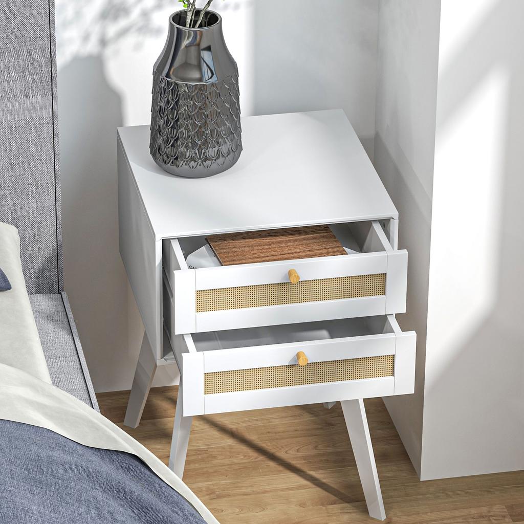 White Bedside Table Nightstand with 2 Drawers Cannage Style Small Side Table 40x40x60 cm