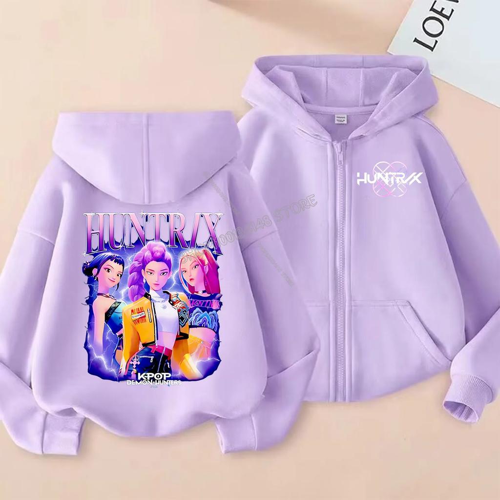 KPop Lovci démonů Mikina s kapucí na zip Kreslený dívčí kabát Módní tenké oblečení Fialová podzimní mikina Bunda Dětská anime mikina Dárek