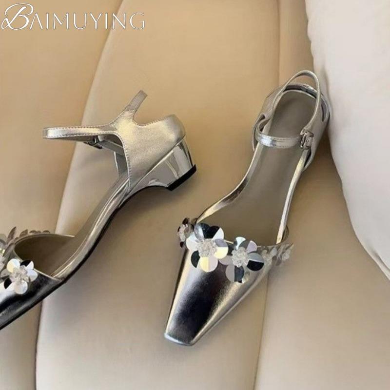 Flower Women Heeled Sandals Summer Square Toe High Heels Shoes Woman Slingback 2025 Trend Pumps Shallow Dress Sandalias Mujer