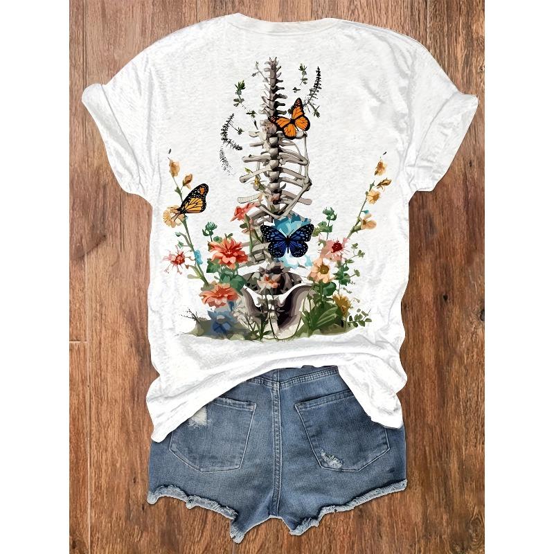 Womens Floral Butterfly Print Tee Round Neck Short Sleeve Casual Vacation Top