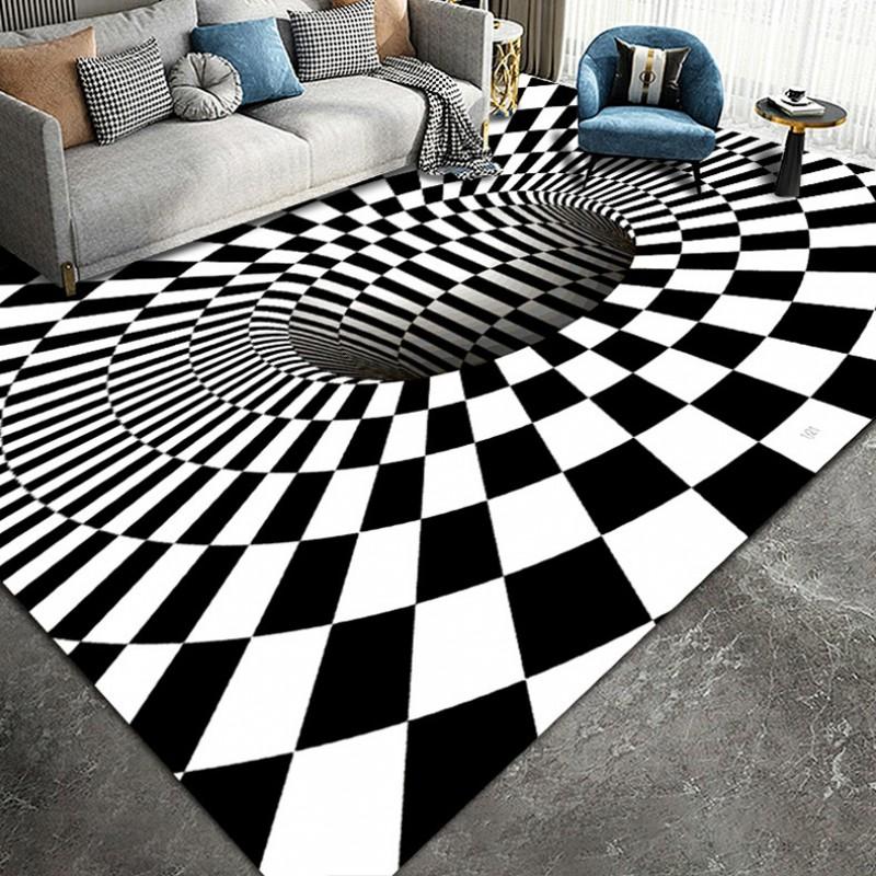 3D Optical Illusion Black White Grid Rug Living Room Office Modern Non-Slip Floor Mat Nordic Style