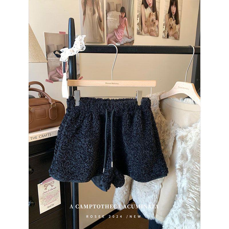 

Thirteen Rows Women s Korean Style Lambswool Plush Shorts - Autumn/Winter 2025, Fashionable Lace-Up Design Extra Large чёрный