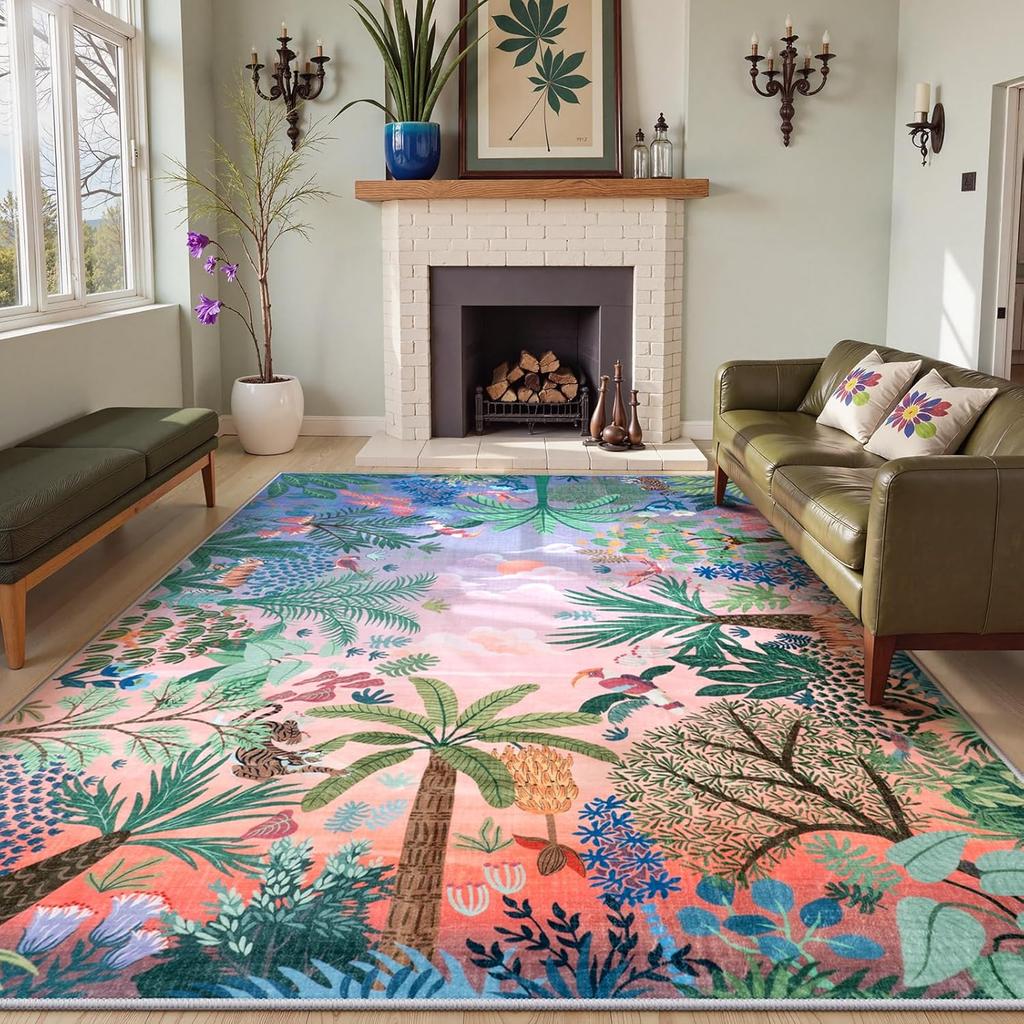 Jungle Themed Carpet Plant Print Rugs Living Room Non-Slip Home Decor Mat for Living Room Bedroom and Entryway Doormats