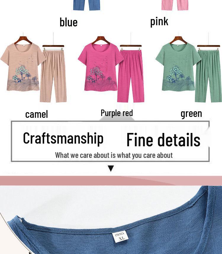 Grandma's Summer Short Sleeve Two-Piece Set: Floral Print, Round Neck, Loose Casual Top for Middle-Aged & Elderly Women