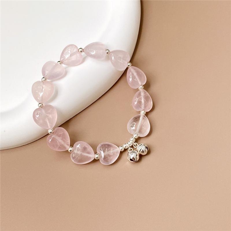 Wishing Your Dreams Come True with Peach Blossom Pink Crystal Heart Bell beads9Silver Bracelet for Female Friends, Unique and Exquisite for Summer