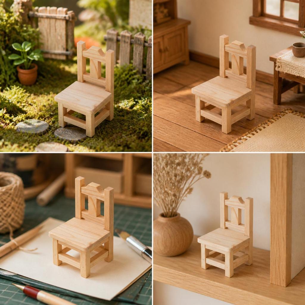 Dollhouse Stool with Backrest Rustic Tiny Wood No Assembly Required