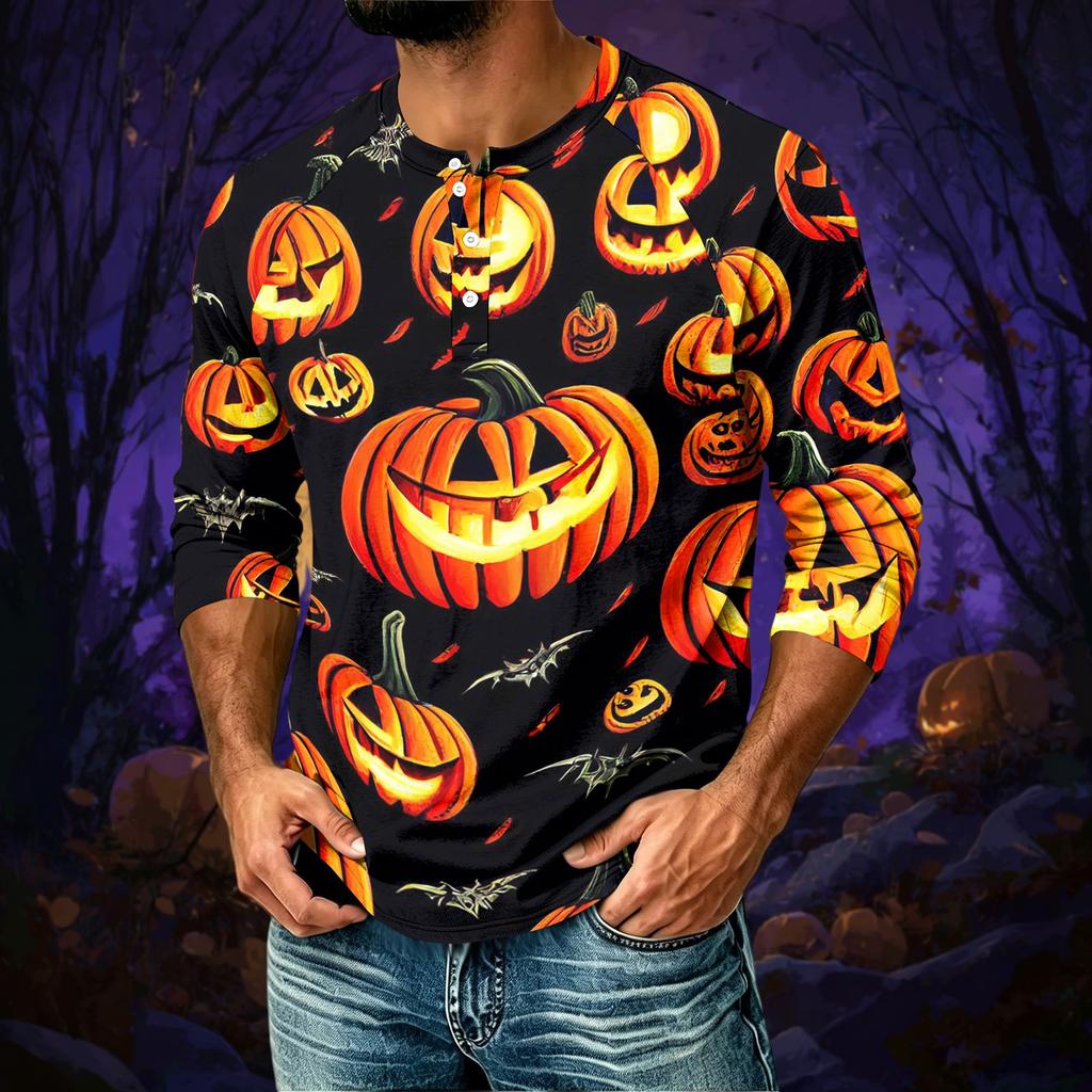 Men's Casual Halloween Print Raglan Three-Quarter Sleeve Shirt