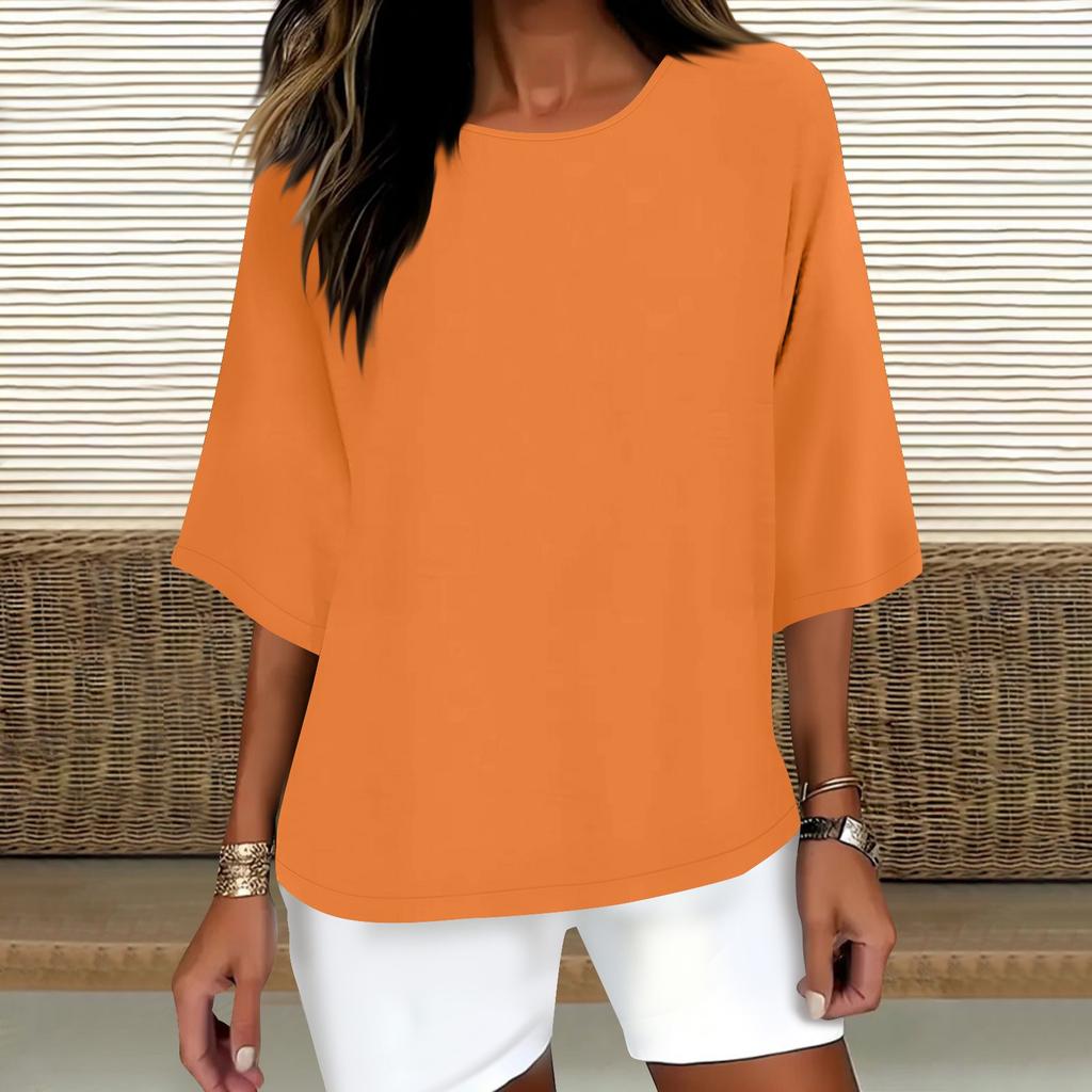 Women's Fashion Solid Color Casual T-Shirt Seven Sleeve Round Neck Cotton Top
