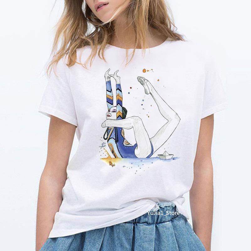 Elegant Ballet Print Short Sleeve T-shirt Women's Slim Fit Summer Top Modal Fabric Student Girl Fashion Polyester