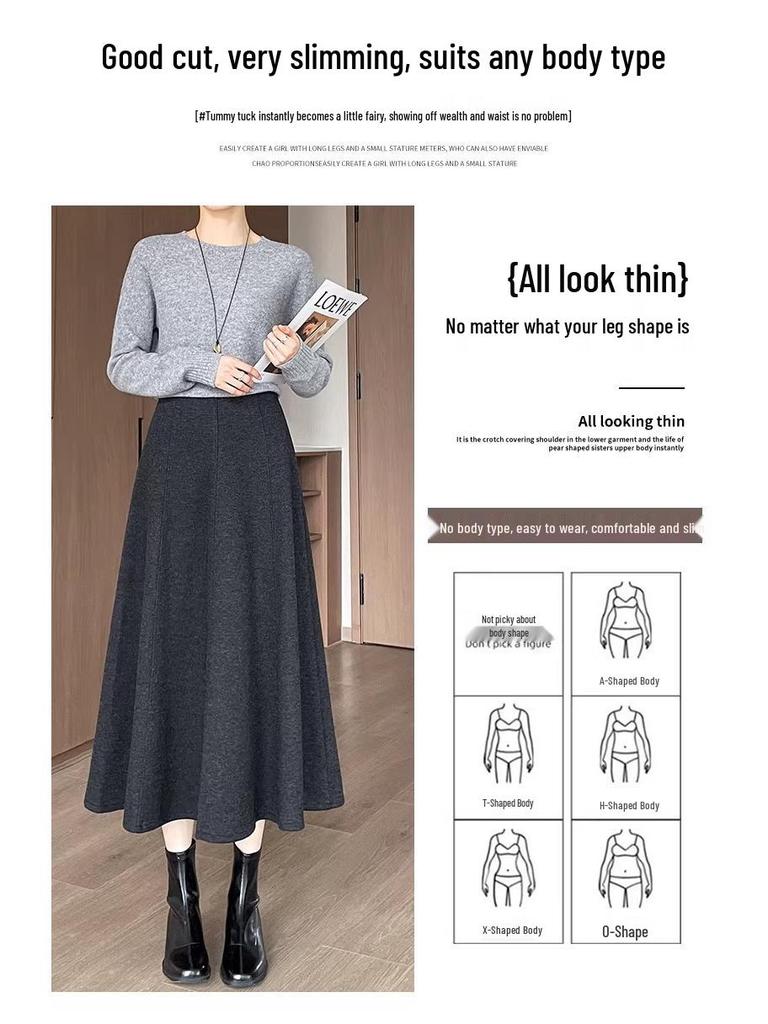 Woolen High-Waisted A-Line Eight-Panel Midi Skirt for Women - Elegant and Versatile for Autumn/Winter