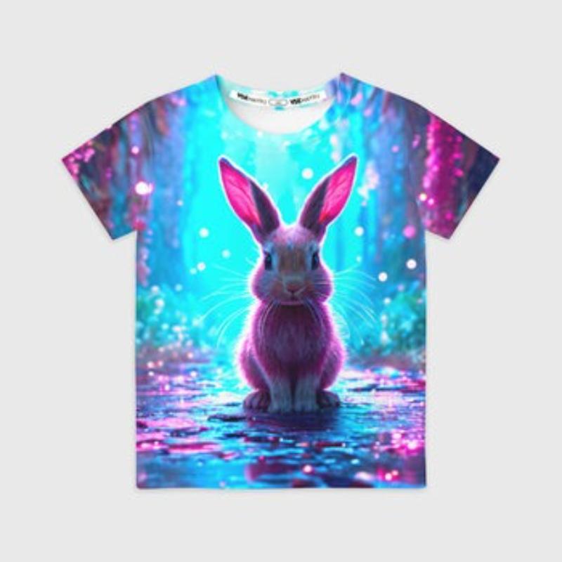Children's Cartoon Rabbit Print Cute T-shirt Girls Short Sleeved Fashionable Soft Comfortable Top