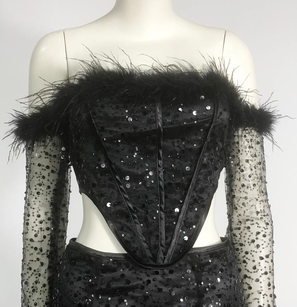 Plush Sequin Off-Shoulder Sexy Set: Long-Sleeve Top & Hip-Hugging Mini Skirt
