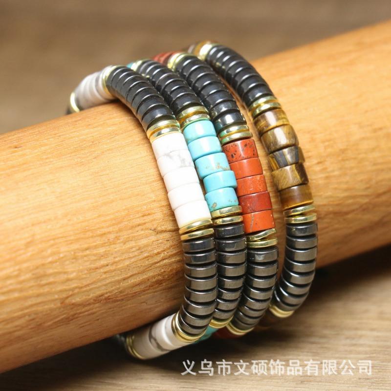 Turquoise Heishi & Hematite Disc Bracelet – Gold Accent Adjustable Boho Jewelry, Protection Calm Gift for Men & Women