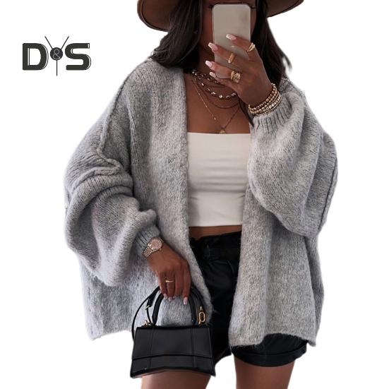 Women Cardigan Sweater Lantern Long Sleeve Solid Color Oversized Knitted Cardigan Open Front Lightweight Sweater Outwear