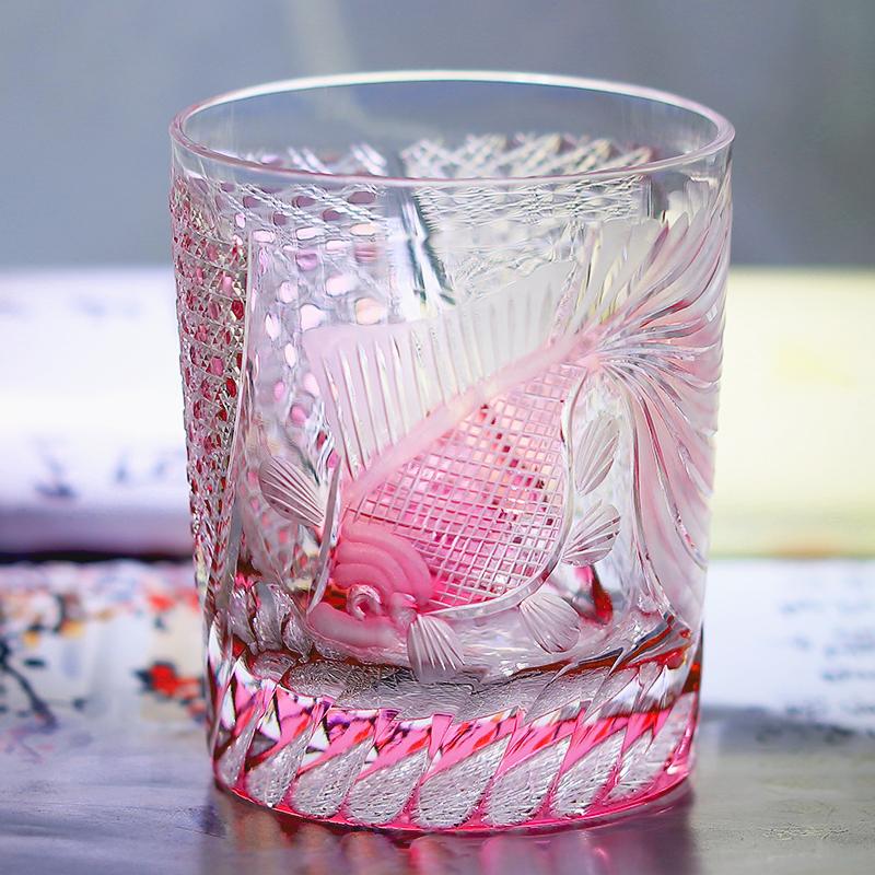 Handmade Luxury Gold Pink Edo Kiriko Whisky Tumbler Japanese Style Rocks Glass For Scotch Bourbon Old Fashioned