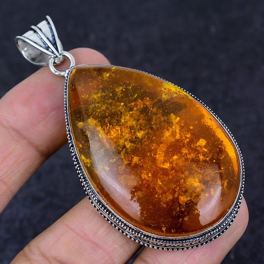 Baltic Amber Gemstone Handmade 925 Sterling Silver Jewelry Pendant 2.76" N1c15