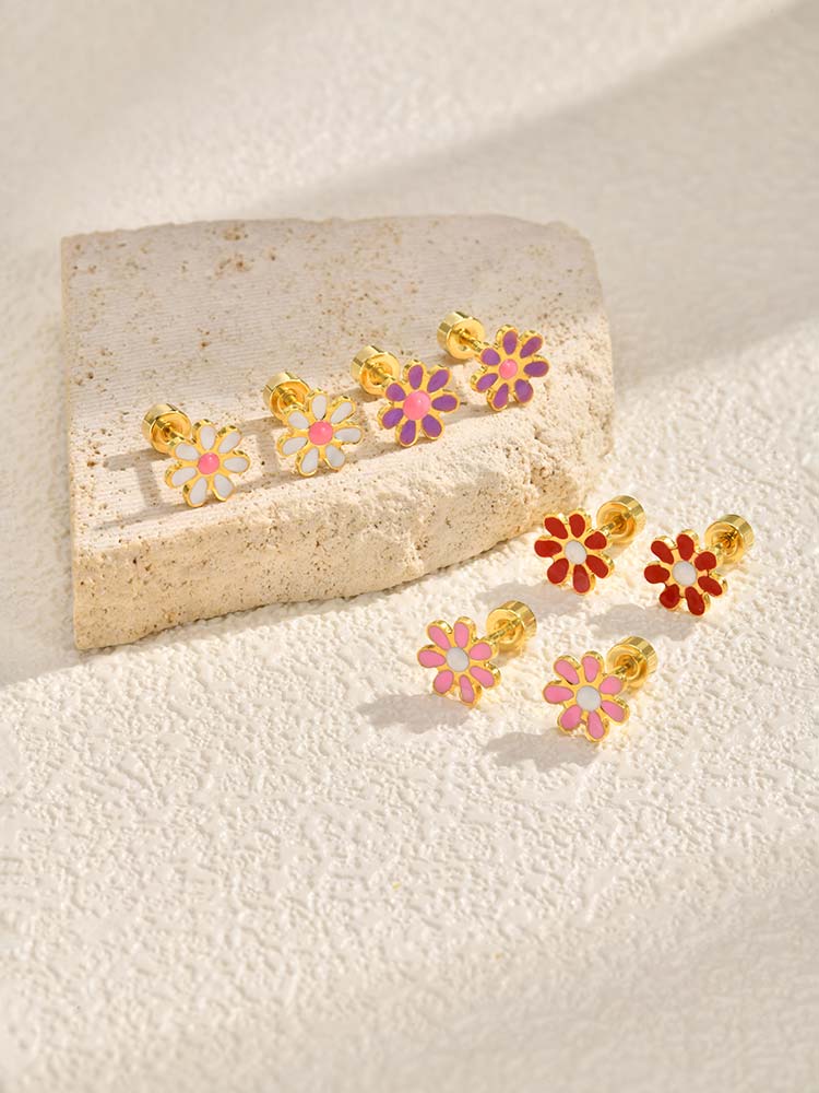 Sunflowers Enameled Small Stud Earrings, Stainless Steel Daisy Earrings For Women, Floral Hypoallergenic Piercing Jewelry