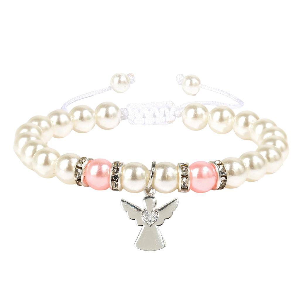Elegant First Communion Bracelet For Girls Silver Angel Cross Pearl Jewelry Gift Set With Card And Fabric Bag