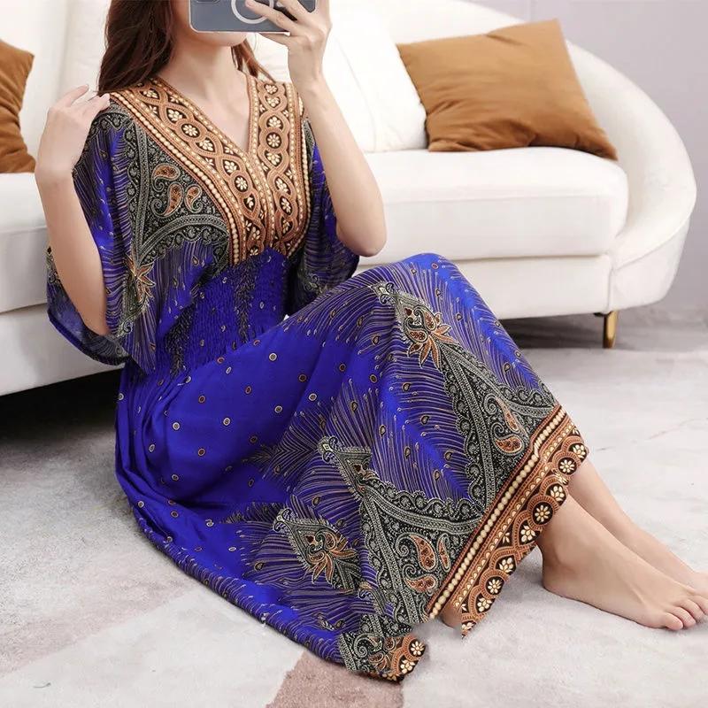 Casual Elegant Retro Bohemian National Style V-neck Elastic  Waist Large Swing Printed Summer Long Skirt Woman Dress Clothes