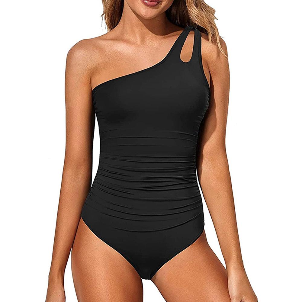 European and American New One-shoulder One-piece Tight Swimsuit for Women's Sexy Solid-color Halter Swimsuit