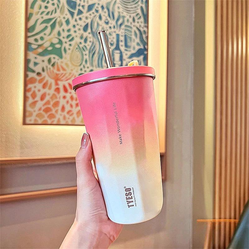 Tyeso 600ML Stainless Steel Coffee Cup With Straw Gradient Color Insulated Water Bottle Car Thermos Mug Cold Drink Vacuum Cup