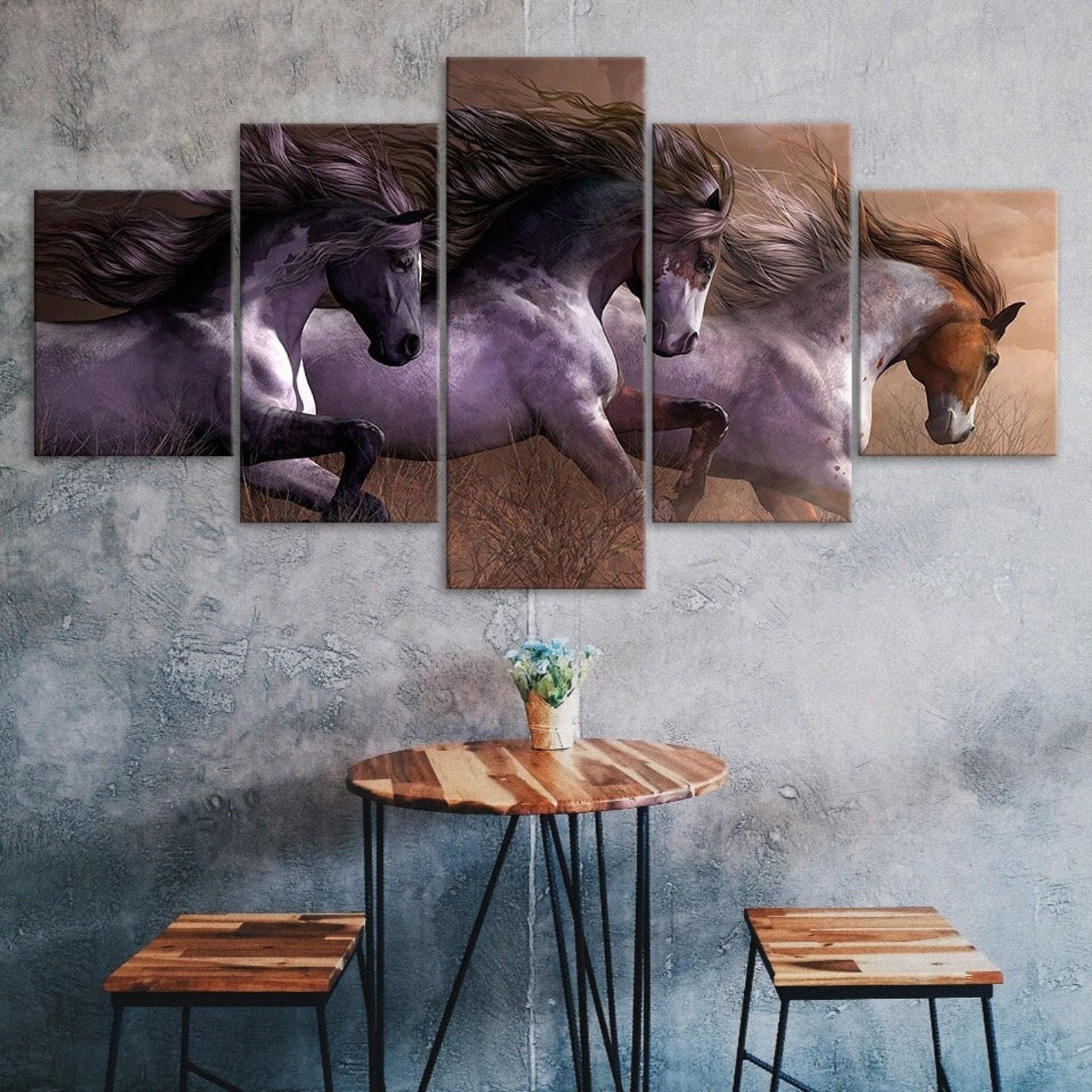 

Wild Horse Race Painting Scene 5 Piece Five Panel Wall Canvas Print Modern Art Poster Picture Home Decor Gift For Him For Her 20X35 20X45 20X55CM