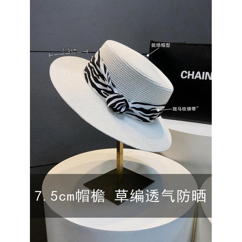 New flat top top hat women's summer French retro zebra pattern braided sun hat outdoor vacation sun hat