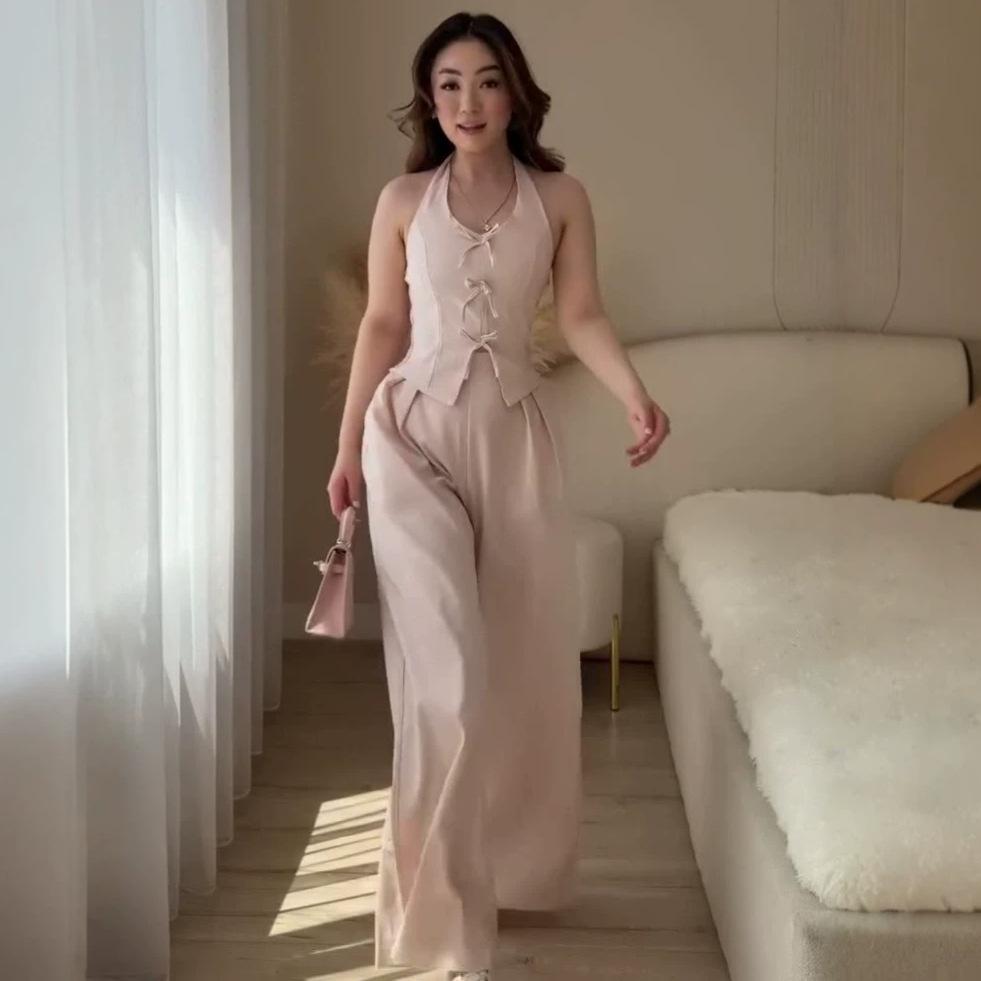 Cross-border Amazon Spring and Autumn New Women's Sleeveless Neck Tank Top Casual Wide Leg Pants Set